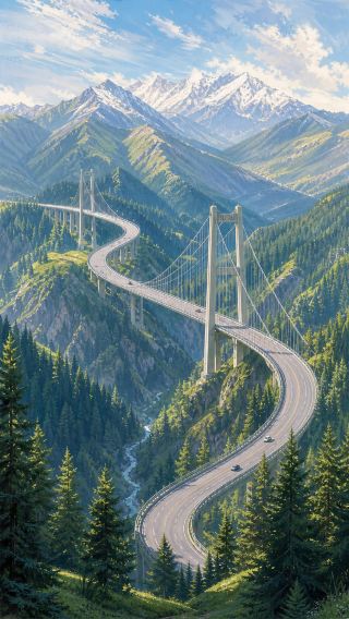 The Guozigou Bridge is absolutely breathtaking! A steel giant among snowy mountains and spruce trees