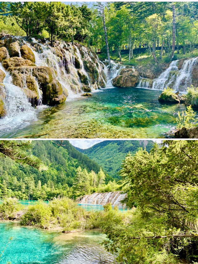 【四川】九寨溝之鏡海、雙龍海、雙龍海瀑布：翠藍若碧的湖水、氣勢磅礴的瀑布