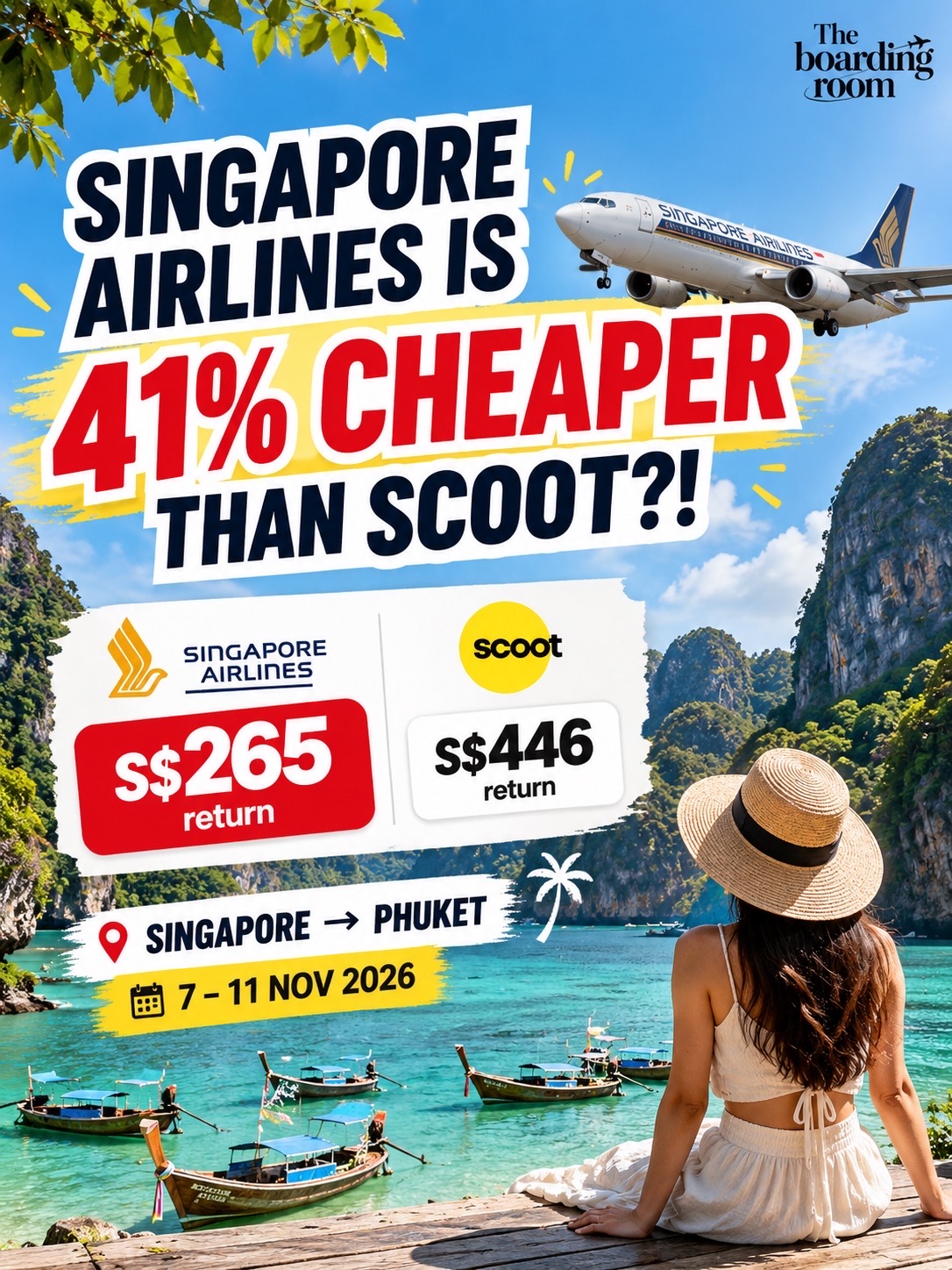 If you’ve been thinking about a quick Phuket escape, this fare is worth checking.

For 7–11 November 2026, the screenshot shows:

🇸🇬 Singapore Airlines — S$265 return
🟡 Scoot — S$446 return

That’s a S$181 difference, with Singapore Airlines coming in at approximately 41% cheaper.

And what makes this deal even more interesting is what’s included in the fare shown:

🧳 25kg checked baggage
🎒 7kg cabin baggage
✈️ Direct Singapore–Phuket flights
📍 Departing from Singapore Changi
📅 7–11 November 2026

The SIA flight shown departs Singapore at 6:35pm, which is pretty convenient if you’re working that day. The return flight departs Phuket at 10:05am, arriving in Singapore at 1:10pm.

Meanwhile, the Scoot option shown departs at 6:15pm and returns at 10:40am, but the fare shown does not include free checked baggage.

So you’re not just looking at a cheaper ticket — you’re getting 25kg of checked baggage included too.

💰 S$265 vs S$446
💸 Save S$181 per person

If you’re planning a Phuket trip, I’d definitely check this before booking.

Save this post for your next long weekend and send it to your travel buddy. 👀

Prices and availability can change, so always check the final fare before booking.

#singaporetravel #phukettravel #phuket #flightdeals #cheapflights #singaporeairlines #scoot #traveldeals #singaporetophuket