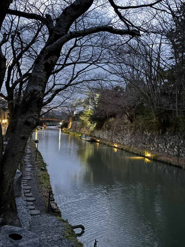 《近江八幡的美景：中間河道的黃燈夜景》