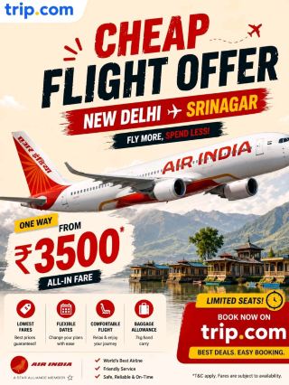 ✈️🏔️ New Delhi to Srinagar Cheap Flight Deal 🇮🇳💙

Dreaming of Kashmir? 🌸 Now fly from New Delhi to Srinagar at super affordable prices and explore the paradise on earth without overspending! ✈️✨

· --

📍 Route Details

🛫 New Delhi (DEL) → Srinagar (SXR)
⏱️ Duration: ~1.5 hours
✈️ Airlines: IndiGo / Air India / Vistara

· --

💰 Budget Flight Price

🎟️ Starting from: ₹3,000 – ₹5,500 (one way)
🔥 Best deals during off-season & early booking

· --

🌟 Why This Flight is Special?

✔️ Stunning Himalayan views 🏔️
✔️ Quick & comfortable journey
✔️ Perfect for family & honeymoon trips 💑
✔️ Gateway to Kashmir’s beauty 🌸

· --

🛫 In-Flight Experience

Enjoy breathtaking views of snow-covered mountains, valleys, and rivers from your window seat—it’s like flying into a dream! 😍

· --

🎯 What to Explore in Srinagar

🌊 Dal Lake – Shikara ride experience
🏡 Houseboats – Unique stay
🌷 Tulip Garden – Seasonal beauty
🏔️ Gulmarg – Snow & adventure
🌄 Sonmarg – Scenic valley views

· --

📲 How to Book Cheap Flights

1️⃣ Search flights on Trip.com
2️⃣ Compare prices & timings
3️⃣ Book 2–4 weeks early
4️⃣ Choose early morning flights

· --

💡 Travel Tips

✔️ Always pick window seat 🪟
✔️ Carry warm clothes ❄️
✔️ Check weather before travel
✔️ Pre-book hotels in peak season

· --

This flight is your shortcut to paradise 💙
Affordable + scenic + quick = perfect trip start!

👉 Kashmir is waiting… don’t miss this deal! ✨

#delhitosrinagar  #kashmirtrip  #cheapflights  #travelindia  #heavenonearth  #traveldeals  #wanderlust  #exploreindia  #travelguide  #bucketlist#naturalwonders #travel2026  