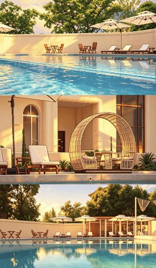 สไตล์เมดิเตอร์เรเนียนสีขาวและฟ้าที่ผสมผสานกับสไตล์เซนแบบตะวันออกของโรงแรม Skyview Resort นั้นงดงามอย่างยิ่ง (ภาพเป็นแบบพิกเซล)