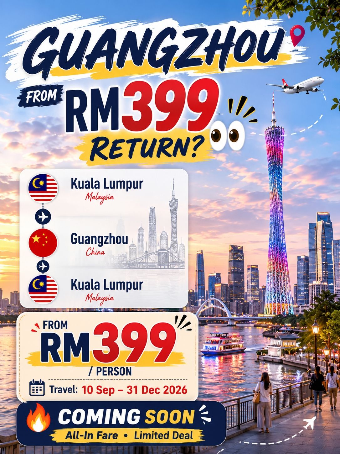 
Kalau China masuk dalam daftar perjalananmu tahun ini, wajib banget simpan info ini.
Trip.com bakal segera ngadain promo All-In Fare ke Guangzhou:
✈️ Kuala Lumpur ↔ Guangzhou
💰 Mulai dari RM399 / orang
📅 Periode Terbang: 10 Sep – 31 Des 2026
💺 Ekonomi
🎟️ All-In Fare
🇨🇳 Bayangin serunya liburan singkat ke Guangzhou buat nikmatin:
🍜 Kuliner Kanton
🏙️ City tour
🛍️ Belanja sepuasnya
☕ Kafe lokal yang hits
🌉 Pemandangan Pearl River
🌙 Gemerlap malam Guangzhou
⚠️ Perhatikan sebelum booking
📱 Khusus pemesanan via Aplikasi
👥 Maksimal 2 penumpang per pemesanan
🎟️ Hanya berlaku untuk tarif tertentu dengan label “All-In Fare”
❌ Tidak bisa digabung dengan diskon lainnya
⏳ Stok terbatas
RM399 adalah harga terendah, jadi ketersediaannya terbatas ya.
📌 Simpan postingan ini dan pantau terus Trip.com pas promonya live!