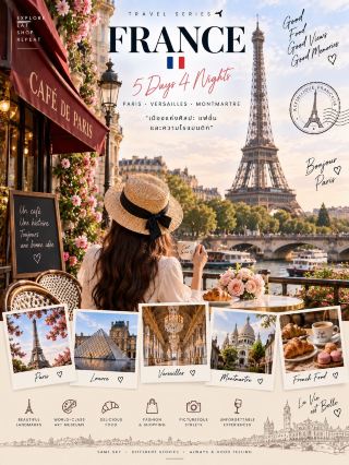 🇫🇷 FRANCE 5 DAYS 4 NIGHTS
Paris • Versailles • Montmartre 🥐✨

ทริปฝรั่งเศสครั้งแรก เก็บแลนด์มาร์กดัง เดินเล่นริมแม่น้ำ คาเฟ่ ช้อปปิ้ง และสัมผัสบรรยากาศปารีสแบบโรแมนติก 🤍

🗼 DAY 1 | HELLO PARIS
เช็กอิน → Eiffel Tower → Trocadéro → เดินเล่นริมแม่น้ำ Seine
ช่วงเย็นรอชมวิวหอไอเฟลและแสงเมืองปารีส ✨

🎨 DAY 2 | PARIS CLASSICS
เที่ยว Louvre Museum → Jardin des Tuileries → Place de la Concorde → Champs-Élysées → Arc de Triomphe
วันนี้ได้ทั้งศิลปะ แลนด์มาร์ก และช้อปปิ้ง 🛍️

👑 DAY 3 | VERSAILLES
ออกไปเที่ยว Palace of Versailles
ชมพระราชวังและสวนสวยๆ 🌿
ช่วงเย็นกลับเข้า Paris แวะคาเฟ่ นั่งพักชิลๆ ☕️🥐

🌷 DAY 4 | MONTMARTRE
เดินเล่นย่าน Montmartre → Sacré-Cœur → ตามหามุมถ่ายรูปตามถนนเล็กๆ 📸
ช่วงบ่ายแวะ Galeries Lafayette และเดินเล่นย่าน Opéra

✈️ DAY 5 | PARIS & GOODBYE
เช้าแวะคาเฟ่ → ซื้อของฝาก → เก็บภาพปารีสช่วงสุดท้าย
ก่อนเดินทางไปสนามบินและกลับไทย 🤍

🥐 MUST TRY
Croissant • Macaron • Crêpe • French Onion Soup • Café au lait ☕️

💡 TIP: เตรียมรองเท้าเดินสบายไว้เลย 👟 จองสถานที่ยอดนิยมล่วงหน้าก่อนเดินทาง และเผื่อเวลาในการเดินทางแต่ละวัน จะเที่ยวได้สบายกว่าแบบอัดหลายที่เกินไป

Paris เป็นเมืองที่ไม่ต้องรีบเที่ยวก็สนุก 🤍
บางครั้งแค่นั่งคาเฟ่ เดินตามถนน และมองเห็นหอไอเฟลอยู่ไกลๆ ก็เป็นความทรงจำที่ดีแล้ว 🇫🇷✨

#เที่ยวฝรั่งเศส #ParisTrip #เที่ยวปารีส #เที่ยวต่างประเทศ