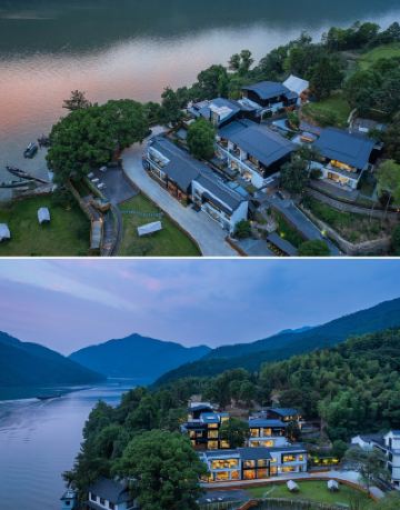 กานฟานเหยียนหลิงหวู่ เป็นเกสต์เฮาส์ริมแม่น้ำที่ตั้งอยู่บนพื้นที่ทั้งหมดของเทือกเขาและผืนน้ำฟู่ชุน