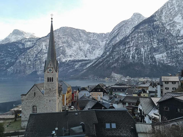 A fairytale village by the lake, frozen 