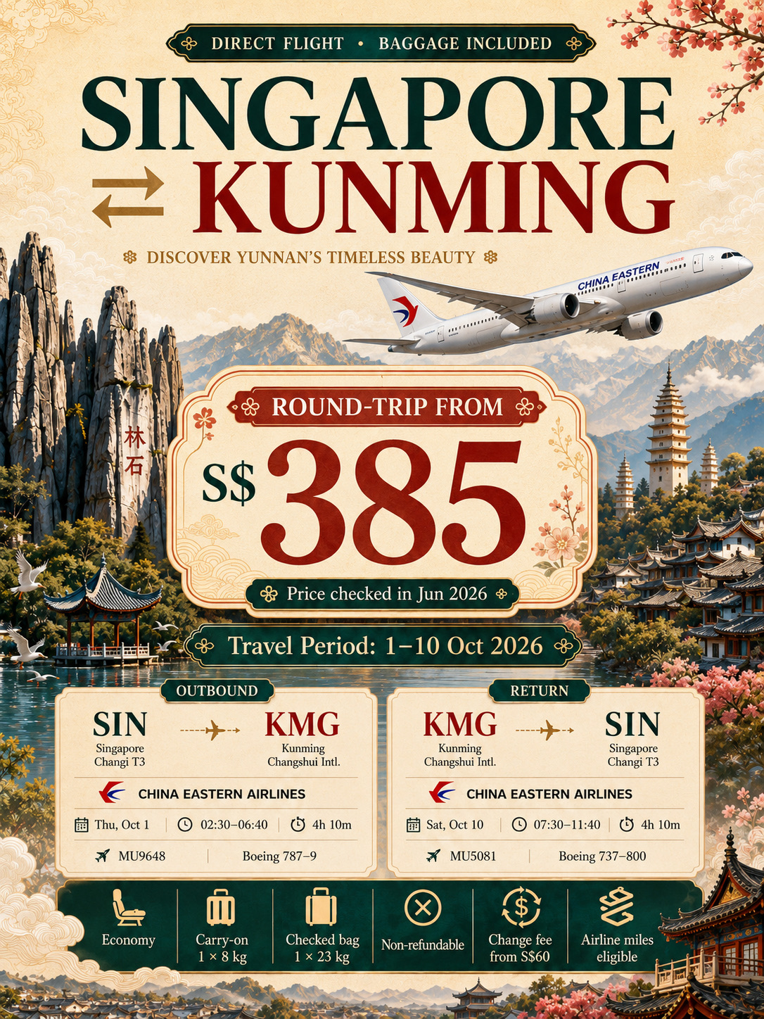 Found a Singapore ⇄ Kunming direct round-trip fare from S$385/person on Trip.com - and honestly, this is a pretty good sign for anyone planning a Yunnan trip! ✈️🌿

For reference, this fare was checked in June 2026, for travel period 1–10 Oct 2026.

Why it’s worth considering:
· Direct flight from Singapore to Kunming - no layover stress
· Flight time: around 4h 10m each way
· Baggage included: 1 × 8kg carry-on + 1 × 23kg checked baggage
· Airline: China Eastern Airlines
· Best for travellers who want to start their Yunnan route smoothly from Kunming

Once you land in Kunming, you can follow a scenic route like:

🗺️ Kunming → Dali → Lijiang → Shangri-La → Kunming

This gives you a nice mix of ancient towns, lakes, snow mountain views, Tibetan culture and slower travel vibes 🏔️✨

Small tip: keep your final night in Kunming if your return flight is early - it makes the trip less rushed and safer for transport planning!

🚨 ‼️ The travel dates overlap with China Golden Week, usually around 1–7 Oct, when domestic travel in China gets extremely bus 🚨 ‼️ 

Expect:
· Crowded attractions 🧍♀️🧍♂️
· Higher hotel prices
· Train tickets selling out fast
· Longer queues everywhere

💡 My take: this fare may still be worth considering if your plan is more of a slow vacation - staying in a nice hotel, resting, café hopping nearby, or not going out too much.

But if you want to visit popular attractions, move around a lot, or avoid crowds, you may consider other dates 😊

 #travel #yunnan #yunnantravel #yunnanguide #cheapflightdeals #cheaptravel #chinatravel #chinatrip #travelchina #flightdeals #chinatrips #yunnanadventures 