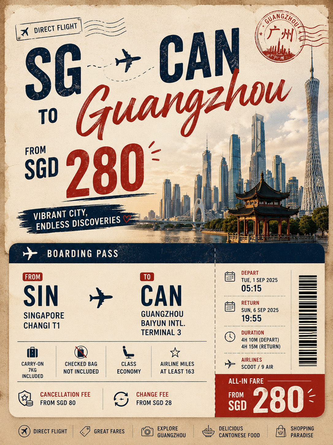 Guangzhou for SGD 280 return?! 👀✈️ This might be one to add to your China travel list.

🇸🇬 Singapore → Guangzhou 🇨🇳
💰 Return fare: from SGD 280
✈️ Direct flights
⏱️ Around 4h 10m each way
🧳 Carry-on baggage included
⚠️ No free checked baggage for this fare

And Guangzhou is definitely more than just a stopover. Save these 5 spots for your trip:

📍 Canton Tower 广州塔 — go at night for the skyline + light show
🏛️ Chen Clan Ancestral Hall 陈家祠 — beautiful Lingnan architecture
🛍️ Beijing Road 北京路 — shopping, snacks & night vibes
🌳 Shamian Island 沙面岛 — colonial architecture + photogenic streets
🐏 Yuexiu Park 越秀公园 — home of Guangzhou’s famous Five Rams statue

🍜 Bonus: come hungry. Dim sum, roast goose, wonton noodles and Cantonese desserts deserve their own itinerary.

⚠️ Fare was checked in early August 2026 and is subject to availability/change. Always check the final booking price and baggage conditions before paying.

Would you fly to Guangzhou for SGD 280 return? 👀

 #cheapflightdeals #cheapflights #guangzhou #guangzhoutravel #chinatravel #china #travelchina #guangzhoufood 