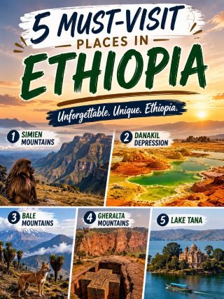 🇪🇹 5 Must-Visit Places in Ethiopia

From dramatic mountains to otherworldly landscapes, Ethiopia is full of unforgettable adventures. If you’re planning a trip, don’t miss these incredible destinations:

🏔️ 1. Simien Mountains – A UNESCO World Heritage Site with breathtaking cliffs, scenic hiking trails, and unique wildlife like the Gelada baboon and Ethiopian wolf.

🌋 2. Danakil Depression – One of the hottest and most extraordinary places on Earth, famous for its colorful sulfur springs, salt flats, and volcanic landscapes.

🌲 3. Bale Mountains – A paradise for nature lovers, offering beautiful forests, alpine scenery, and the chance to spot rare Ethiopian wolves and mountain wildlife.

🪨 4. Gheralta Mountains – Home to ancient rock-hewn churches, spectacular viewpoints, and unforgettable hiking experiences in the heart of Tigray.

🌊 5. Lake Tana – Ethiopia’s largest lake and the source of the Blue Nile, featuring peaceful island monasteries, rich history, and stunning sunset views.

✨ Which of these amazing destinations would you visit first?

#Ethiopia #VisitEthiopia #AfricaTravel #TravelGuide #NatureLovers #AdventureTravel #TripMoments #Tripcom #HiddenGems #TravelInspiration