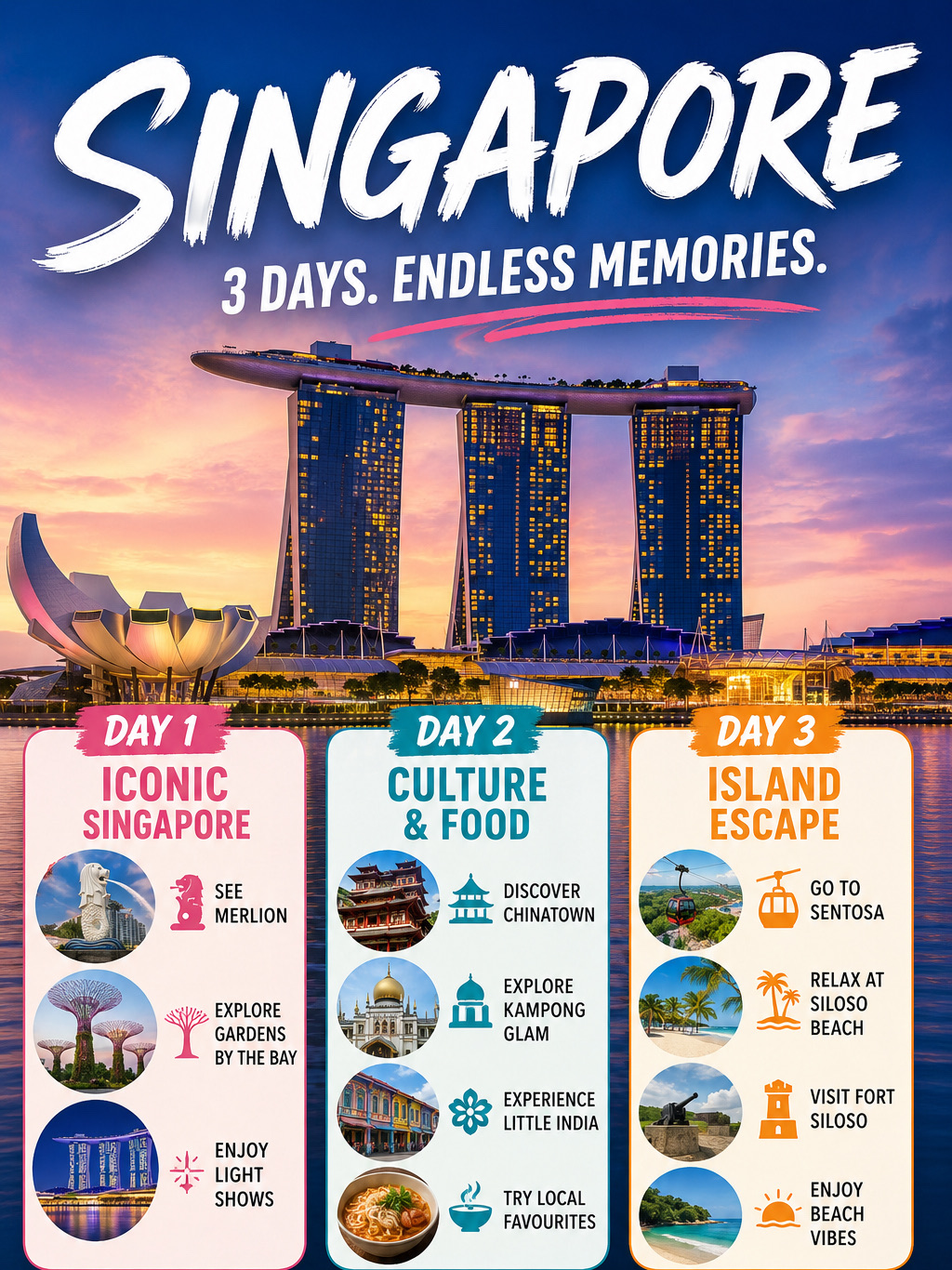 Singapore may be one of the world’s smallest countries, but it packs an incredible variety of experiences into one vibrant city. Renowned for its gleaming skyline, lush green spaces, multicultural heritage, and world-class food scene, Singapore seamlessly blends modern innovation with rich traditions. Visitors can explore futuristic attractions, colourful neighbourhoods, tranquil gardens, and bustling hawker centres—all within easy reach thanks to its efficient public transport. Whether you’re a foodie, culture enthusiast, nature lover, or urban explorer, Singapore offers something for every traveller, making it one of Asia’s most rewarding and convenient destinations to visit.

3-Day Singapore Itinerary 🇸🇬

Day 1 – Iconic Singapore

Morning

· Merlion Park
· Walk around Marina Bay

Afternoon

· Visit Gardens by the Bay
· Explore the Cloud Forest & Flower Dome

Evening

· Watch the Garden Rhapsody light show
· Stroll through Marina Bay Sands and enjoy the Spectra light show

⸻

Day 2 – Culture & Food

Morning

· Explore Chinatown
· Visit Buddha Tooth Relic Temple

Afternoon

· Wander around Kampong Glam and Haji Lane
· Visit Sultan Mosque

Evening

· Explore Little India
· Try local favourites like chicken rice, laksa, satay, and prata

⸻

Day 3 – Island Escape

Morning

· Take the cable car or monorail to Sentosa

Afternoon

· Relax at Siloso Beach
· Visit Fort Siloso or S.E.A. Aquarium

Evening

· End your trip at Palawan Beach or enjoy beachside dining before heading back.

Must-Try Foods

· Hainanese chicken rice
· Chilli crab
· Laksa
· Satay
· Kaya toast
· Bak kut teh
· Ice kacang

This itinerary combines Singapore’s famous landmarks, multicultural neighbourhoods, world-class gardens, and a relaxing island getaway, making it perfect for first-time visitors.
· 
· 
· 
 #travel2026 #singapore 