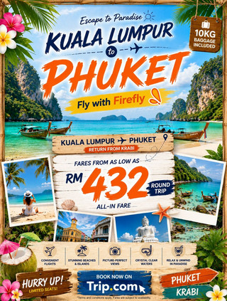 🇹🇭 ONLY RM432! — PHUKET & KRABI GETAWAY ✈️
Kuala Lumpur → Phuket → Krabi → Kuala Lumpur
Escape to Thailand’s tropical paradise with a memorable Phuket & Krabi getaway from just RM432! 🌊🌴
✈️ Outbound: Kuala Lumpur → Phuket with AirAsia
🧳 No checked baggage included on the outbound flight
🏝️ Explore the beautiful beaches, islands and photo spots of Phuket before continuing your journey to Krabi.
✈️ Return: Krabi → Kuala Lumpur with Firefly
🧳 Baggage included on the return flight
📸 MUST-SEE IN PHUKET
✨ Big Buddha
🏝️ Phi Phi Islands
🌴 Patong Beach
🌅 Promthep Cape
🏘️ Old Town Phuket
🌊 Karon Viewpoint
🏖️ Bang Tao Beach
🛕 Wat Chalong
From crystal-clear turquoise waters and dramatic limestone cliffs to colourful old-town streets and beautiful sunset views, Phuket is the perfect destination for a tropical escape and stunning holiday photos.
🌺 WHY YOU’LL LOVE THIS TRIP
🌊 Beautiful tropical beaches
🏝️ Island-hopping opportunities
📸 Amazing photo spots
🌴 Relaxing island atmosphere
🍜 Delicious Thai food
☀️ Perfect tropical getaway
✈️ Convenient open-jaw journey
🧳 Baggage included on the return flight
✈️ YOUR ROUTE
Kuala Lumpur 🇲🇾 → Phuket 🇹🇭 → Krabi 🇹🇭 → Kuala Lumpur 🇲🇾
💰 FROM RM432
✈️ AirAsia outbound
✈️ Firefly return
🧳 Return-flight baggage included
🏝️ Phuket + Krabi in one trip
🔥 HURRY UP — LIMITED SEATS AVAILABLE!
📲 Book now on Trip.com and get ready for your tropical escape!
Fare starts from RM432 and is subject to availability. Baggage allowance and flight inclusions depend on the applicable fare. Please check the final booking details on Trip.com before purchase. Terms and conditions apply.
#thailand #cheapflightdeals #travel2026 #phuket #krabi #beachlife #seascapes