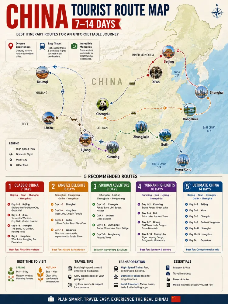 🇨🇳 中國旅遊路線圖 — 7 至 14 天