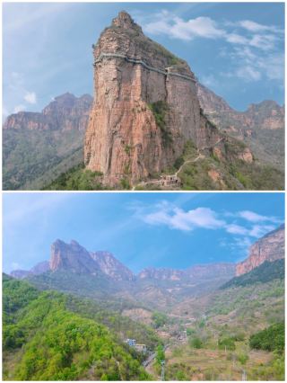 The red cliffs and Danxia landforms of the eastern Taihang Mountains, with the beautiful 'person' inverted at Jingniang Lake!
