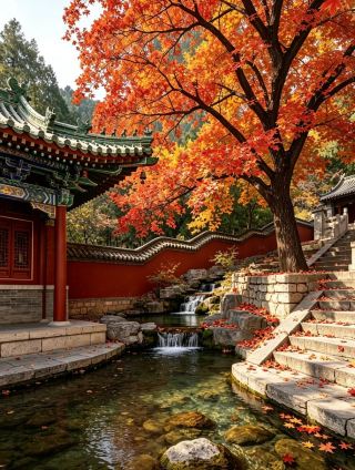 마침내 지난 홍엽곡에 가장 잘 어울리는 계절이 왔다 지난의 가을 색은 홍엽곡에 숨어 있다 4천여 묘의 골짜기, 온산이 황루로 층층 물들어 붉