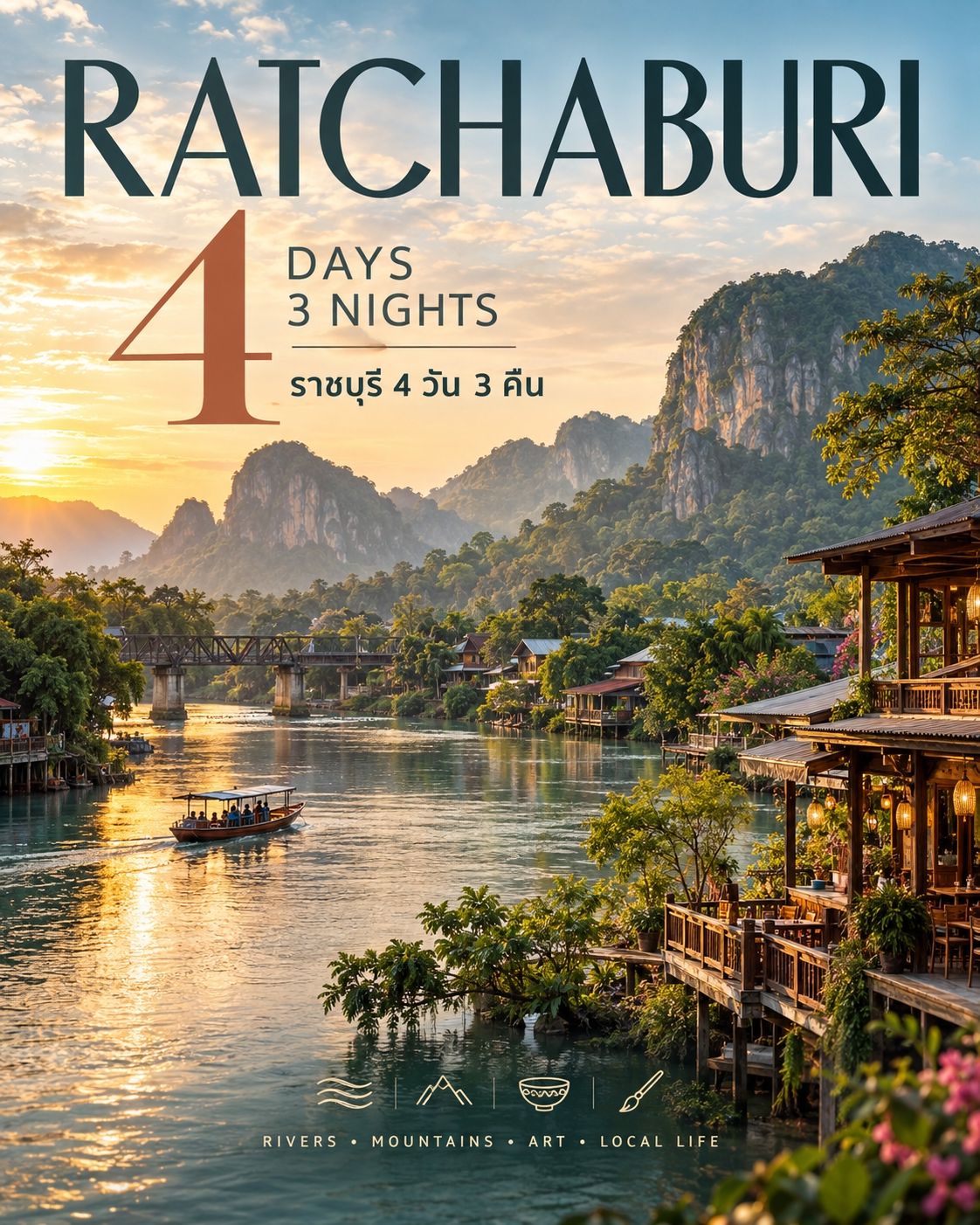 Ratchaburi: 4 Days, 3 Nights — A Riverside Gem Near Bangkok Featuring Mountains, Floating Markets, and Art.