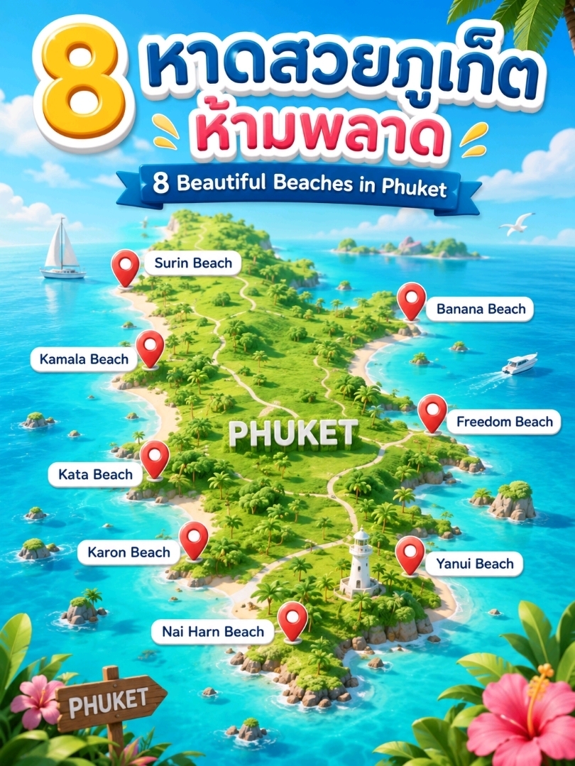 1. Freedom Beach
🏝️ A hidden gem with crystal-clear water and fine white sand, away from the crowds. Perfect for those seeking tranquility, stunning photo spots, and a refreshing swim. 
2. Nai Harn Beach
🌴 One of Phuket's most beautiful beaches, featuring vibrant turquoise water and lush natural surroundings. Ideal for lounging, swimming, and catching breathtaking sunsets. 
3. Kata Beach
🏄 A top spot for surfing during the monsoon season.
It offers a great mix of restaurants, cafes, and a lively yet pleasant vibe. 
4. Karon Beach
🌅 A long stretch of beach with panoramic views, perfect for a relaxing seaside stroll.
It’s also one of the best places in Phuket to watch the sunset. 
5. Banana Beach
🍌 A small, secluded beach with emerald-green waters, excellent for snorkeling.
Highly favored by nature-loving travelers. 
6. Surin Beach
🌊 Boasting fine white sand and deep blue waters, it offers a much quieter atmosphere than Patong. Great for unwinding and snapping photos. 
7. Yanui Beach
🚣 A charming little beach that's perfect for kayaking and snorkeling.
It offers gorgeous views without being overly crowded. 
8. Kamala Beach
☕ The perfect spot for a laid-back, chill vibe.
With plenty of beachfront restaurants and cafes, it’s highly recommended for a relaxing family getaway. 

📸 For photography enthusiasts, we recommend: Freedom Beach | Nai Harn Beach | Banana Beach| Yanui Beach
🌅 For spectacular sunset views: Karon Beach | Nai Harn Beach | Promthep Cape 