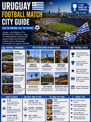 #footballmatchcityguide 
🇺🇾⚽ 🇺🇾⚽ Fifa World Cup 2026 Uruguay Football Match City Guide – Experience Football in the Birthplace of World Cup History! 🏆

Uruguay may be a small country, but it has one of the greatest football traditions in the world. Home of the first FIFA World Cup in 1930 and two-time World Cup champions, Uruguay lives and breathes football. From the legendary Estadio Centenario to the lively streets of Montevideo, every football fan will feel the passion.

Whether you're watching a live match, exploring football museums, or celebrating with local supporters, Uruguay offers an unforgettable football experience.

🌟 Why Visit Uruguay for Football?

⚽ Home of the first FIFA World Cup (1930)
🏆 Two-time FIFA World Cup Champions
🏟️ Visit the iconic Estadio Centenario
🎉 Passionate football fans and vibrant match-day atmosphere
🌊 Beautiful beaches, waterfronts, and historic neighborhoods
📸 Perfect destination for football lovers and travelers

🏟️ Football Landmarks

🏟️ Estadio Centenario
🏆 FIFA World Football Museum (inside the stadium)
⚽ Nacional & Peñarol football culture
🎉 Matchday fan zones and local sports bars

📍 Top Attractions

🌊 Rambla of Montevideo
🏛️ Plaza Independencia
🏰 Ciudad Vieja (Old Town)
🏖️ Pocitos Beach
🎭 Solís Theatre
🌅 Mercado del Puerto
🛍️ Punta Carretas Shopping

✈️ How to Reach

🛫 By Air: Carrasco International Airport (MVD) is Uruguay's main international gateway.

🚍 By Bus: Comfortable long-distance buses connect Montevideo with Argentina and Brazil.

🚖 Getting Around: Public buses, taxis, ride-hailing apps, and rental cars make city travel easy.

📅 Best Time to Visit

🌸 October – April – Warm weather, beaches, festivals, and outdoor sightseeing.

⚽ February – November – Domestic football season with exciting league matches.

🍽️ Must-Try Uruguayan Food

🥩 Asado (Traditional BBQ)
🥪 Chivito (Uruguay's famous steak sandwich)
🥟 Empanadas
🍰 Chajá Dessert
🧉 Mate (Traditional herbal drink)

💡 Travel Tips

✅ Book football tickets in advance for popular matches.
✅ Visit Estadio Centenario and its football museum.
✅ Carry some cash for local markets and cafés.
✅ Walk along the Rambla at sunset for amazing views.
✅ Try authentic Uruguayan barbecue and local cuisine.

🔥 From legendary football history to beautiful coastal scenery, Uruguay is the perfect destination for every football fan. Every match is filled with passion, pride, and unforgettable memories.

❤️ One Country. Two World Cups. Endless Football Passion. Experience Uruguay! 🇺🇾⚽

#uruguay  #montevideo  #footballguide  #footballnight  #fifaworldcup  #estadiocentenario  #footballfans  #visituruguay  #sportstravel  #worldcuphistory  #travelsouthamerica  #surmaiduniya #travel2026 