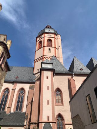 Blue stained glass windows in St. Stephen's Church in Mainz, Germany