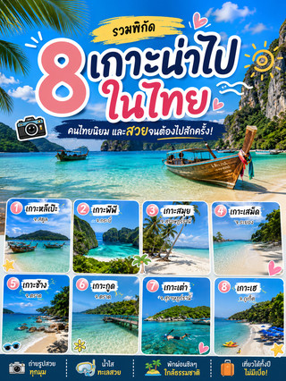 🏝️ 8 Must-Visit Islands in Thailand Popular with Thais – So Beautiful You Have to Visit At Least Once! 🌊✨

If you're looking for beautiful beaches for your next trip, keep this list in mind. Each island has its own unique charm, and you're guaranteed not to be disappointed 😊

🏖️ 1. Koh Lipe, Satun Province
Crystal clear blue waters, fine white sand beaches, stunning snorkeling, and a tranquil atmosphere – perfect for relaxation. 💙

🌴 2. Koh Phi Phi, Krabi Province
Spectacular limestone cliffs and emerald green waters make this a world-class photo spot. A must-visit for photography enthusiasts! 📸

☀️ 3. Koh Samui, Surat Thani Province
Offering a complete package: beaches, cafes, resorts, and restaurants. Ideal for families and couples, with a great atmosphere all day long.

🌊 4. Koh Samet, Rayong Province
A beach destination close to Bangkok, easily accessible for a 2-3 day trip. Clear waters, beautiful beaches, and perfect for a relaxing getaway. 🌅

🌿 5. Koh Chang, Trat Province
Offering beaches, waterfalls, viewpoints, and lush greenery. Experience diverse travel styles on a single island!

💎 6. Koh Kood, Trat Province
Crystal-clear waters where you can see the sandy bottom. Peaceful and not crowded, perfect for those seeking escape from the hustle and bustle. 🩵

🤿 7. Koh Tao, Surat Thani Province
A paradise for snorkelers. Beautiful coral reefs and crystal-clear waters. A visit to Koh Nang Yuan is guaranteed to impress.

🏖️ 8. Koh Hey, Phuket Province
A popular one-day trip from Phuket. Crystal-clear waters for swimming, snorkeling, or simply relaxing on the beach.

💬 If you could choose just one island, which would you want to visit the most? Let us know in the comments! 😊👇

#TravelThailand #ThaiSea #TravelReview #IslandTravel