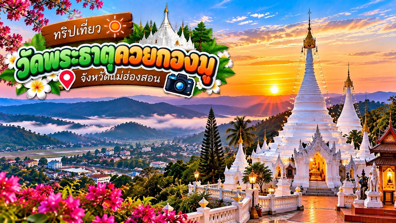 If you have the chance to visit Mae Hong Son province, I highly recommend Wat Phra That Doi Kong Mu, the city's most important temple, situated on a mountaintop. From here, you can enjoy stunning views of Mae Hong Son city and the surrounding mountains. It's a place that combines faith, unique architecture, and nature, leaving visitors feeling peaceful and impressed. 💚

✨ Highlights you shouldn't miss:

🛕 Large and small pagodas: Pay homage to the strikingly beautiful white pagodas, a significant symbol of Mae Hong Son province, with fascinating historical stories.

🙏 Pray for blessings and good fortune: Spend time praying, making merit, and making wishes for a prosperous life in the tranquil atmosphere of the mountaintop temple.

🏞️ Mae Hong Son city viewpoint: From the temple, you can see the city's houses, the surrounding mountains, and the natural landscape. Especially in the morning, when the air is clear, you might even see a light mist covering the valleys.

🌅 Watch the sunrise and sunset: The golden light illuminating the pagoda and the surrounding mountains adds to the beauty of the location. Perfect for taking photos and creating lasting memories.

📸 Photograph the architecture and mountain views: Capture the stunning white pagodas and their intricate Burmese-Shan art details. Whether it's the panoramic city views from above, these are all charming photo opportunities.

🌿 Experience tranquility above the city, perfect for those seeking a break from the hustle and bustle. Take your time strolling through the temple and soak in the atmosphere of faith.

🚗 Getting there: Wat Phra That Doi Kong Mu is located on Doi Kong Mu mountain in Mae Hong Son District, Mae Hong Son Province. It's accessible by car, but the road is winding, so drive carefully.

💚 Wat Phra That Doi Kong Mu is not just a place to worship; it's also a viewpoint that beautifully reflects the charm of Mae Hong Son. For those who enjoy cultural tourism, want to make merit, or want to admire mountain and city views from a high vantage point, this is a must-visit destination in Northern Thailand.

📍 Location: Wat Phra That Doi Kong Mu, Mae Hong Son District, Mae Hong Son Province

#WatPhraThatDoiKongMu #MaeHongSon #TravelMaeHongSon #Prayers #MeritMaking #MaeHongSonViewpoint #SeaOfMist #NorthernThailandTravel #BeautifulTemplesInThailand #ReligiousTravel #TravelReview #AmazingThailand