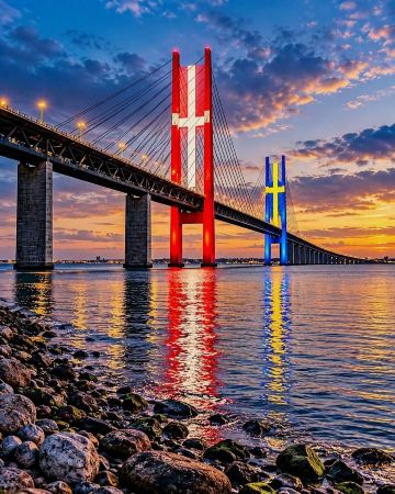 "Bridging Two Nations: The Magnificent Öresund Bridge Glowing at Sunset! 🌉✨"