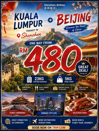  🇲🇾✈️ Kuala Lumpur → Beijing from RM480 | Shenzhen Airlines 🇨🇳

Planning a trip to China without spending too much on airfare? ✈️🇨🇳 This Kuala Lumpur → Beijing journey is definitely one to keep on your travel list, especially with fares starting from just RM480 one way with Shenzhen Airlines.

Flying from Kuala Lumpur International Airport (KUL), this itinerary includes a transit in Shenzhen, before continuing your journey towards Beijing. What makes this route even more attractive is the baggage allowance — you can bring 23kg of checked baggage + 5kg of hand carry, giving you plenty of space for clothes, souvenirs, snacks and everything you might want to bring back from China. 🧳✨

🔴 Flying with Shenzhen Airlines

For this journey, you’ll be flying with Shenzhen Airlines, a Chinese airline based in Shenzhen. The transit gives you the opportunity to experience one of China’s major aviation hubs before continuing to the capital.

If your transit time allows, Shenzhen itself is an interesting city to explore. Known for its futuristic skyline, modern architecture, technology industry, shopping districts and vibrant food scene, Shenzhen feels very different from the historic atmosphere of Beijing.

Even if you only have time to stay at the airport, Shenzhen Bao’an International Airport (SZX) is modern and spacious, with restaurants, cafés, shops and comfortable areas where you can relax while waiting for your connecting flight. ☕✈️

🏙️ Arriving in Beijing

After your transit in Shenzhen, continue onwards to Beijing, one of the most historically important cities in China and a destination packed with iconic landmarks.

Your first stop should be the legendary Great Wall of China. 🏔️ It is one of the world's most recognisable landmarks and offers spectacular views across the surrounding mountains. Different sections of the Great Wall provide different experiences, from popular restored areas to quieter sections further away from central Beijing.

Back in the city, explore Tiananmen Square and the magnificent Forbidden City, where you can experience centuries of Chinese imperial history and architecture. The enormous courtyards, traditional gates, red walls and golden rooftops make this one of the most impressive cultural attractions in Beijing.

Another must-visit is the Temple of Heaven, a beautiful historical complex surrounded by peaceful gardens. It is especially enjoyable in the morning when local residents gather for exercise, dancing and traditional activities. 🌳

For a completely different experience, spend some time exploring Beijing's traditional hutongs. These narrow streets and old residential neighbourhoods provide a glimpse into everyday life and the city's traditional side, away from the modern skyscrapers.

🥢 Don't forget the food!

A trip to Beijing is also a food adventure. 🇨🇳❤️

Of course, the most famous dish is Peking Duck, known for its crispy skin, tender meat and traditional pancakes served with sauces and vegetables. But there is much more to Chinese cuisine than just Peking Duck.

Try traditional dumplings, Beijing-style noodles, Beijing hotpot, jianbing and a variety of local street snacks. During your trip, don't be afraid to visit smaller local restaurants and food streets — some of the most memorable meals can come from simple places filled with locals.

And because you're travelling with 23kg checked baggage, you can even bring back some packaged Chinese snacks, tea and souvenirs for family and friends. 🛍️

🌏 A trip combining modern & traditional China

What makes this journey interesting is the contrast between the two destinations.

Shenzhen represents the modern side of China — futuristic buildings, technology, huge shopping malls, modern transportation and a rapidly developing cityscape.

Beijing, meanwhile, brings you closer to China's history and culture, with ancient temples, imperial palaces, traditional neighbourhoods and the Great Wall.

So even though Shenzhen is only your transit point, the journey gives you a taste of two very different sides of China before you even finish your trip.

💰 Why this route is worth considering

At from RM480 one way, this is an attractive option for travellers looking for a lower-cost way to reach Beijing. ✈️

And unlike some ultra-low-cost fares where you have to pay separately for everything, this itinerary comes with:

💰 From RM480 one way
✈️ Shenzhen Airlines
🔄 Transit in Shenzhen
🧳 23kg checked baggage
🎒 5kg hand carry
🇲🇾 Departing from Kuala Lumpur
🇨🇳 Arriving in Beijing

Whether you're travelling to China for sightseeing, food, photography, shopping, history or simply to experience a completely different culture, Beijing has something for almost every type of traveller.

From standing on the Great Wall and walking through the Forbidden City to enjoying Peking Duck, wandering through traditional hutongs and experiencing a short transit in futuristic Shenzhen, this journey can turn a simple flight into a much bigger Chinese adventure. 🇨🇳✨

Kuala Lumpur → Shenzhen → Beijing — one affordable journey, two incredible Chinese cities, and countless experiences waiting to be discovered. ✈️🏯🥢❤️