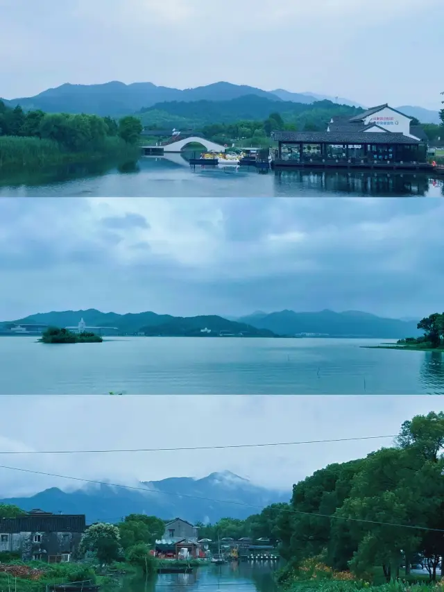 一江春水傍峰流，影入春波浣綠綢煙雨東錢湖！