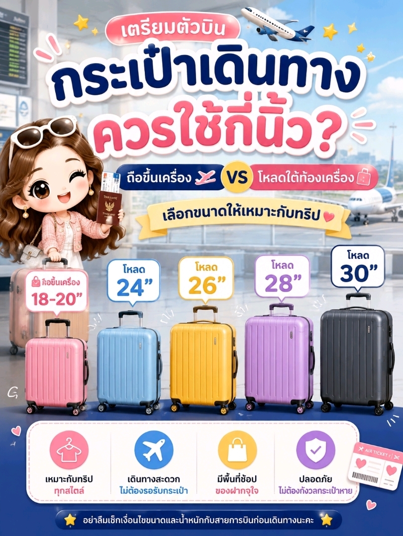 🧳 What size suitcase should you get? Pick the right one for a hassle-free trip without extra fees! ✈️
Sound familiar? 🤔 You're packing for a trip but can't decide between a 20-inch, 24-inch, or 28-inch suitcase.
Go too small, and you won't fit everything. Go too big, and it's a pain to lug around—plus, you might get slapped with excess baggage fees! 💸

We've broken it down to make it super simple 👇
🩷 18–20 inches ✅ Carry-on approved (usually) ✅ Perfect for 1–3 day trips ✅ Skip baggage claim
💙 24 inches ✅ 3–5 day trips ✅ Great for everyday travel ✅ A little extra room for souvenirs
💛 26 inches ✅ 5–7 day trips ✅ Great for city-hopping ✅ Plenty of space for gifts
💜 28 inches ✅ 7–10 day trips ✅ Perfect for winter trips and bulky clothes ✅ A shopper's dream
🖤 30 inches ✅ 10+ days ✅ Heavy packers or family trips ✅ Made for hardcore shoppers
⚠️ A quick reminder! ✈️ Every airline has different size and weight limits. Always double-check before you fly to avoid any surprise fees.

Hope this quick guide makes picking your luggage a breeze! 💕 If you have friends flying soon, be sure to share this post with them! ✈️🧳