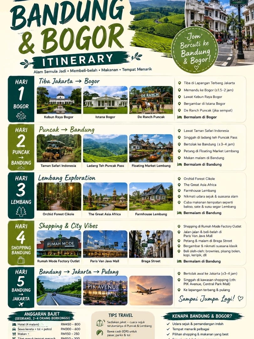 Tour 5 giờ 4 tháng Bandung & Bogor: Thiên nhiên, mua sắm & ẩm thực từ Jakarta 🌿🛍️🍜
