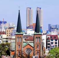 Daegu metropolitan city. Church beauty with Cherry Blossoms