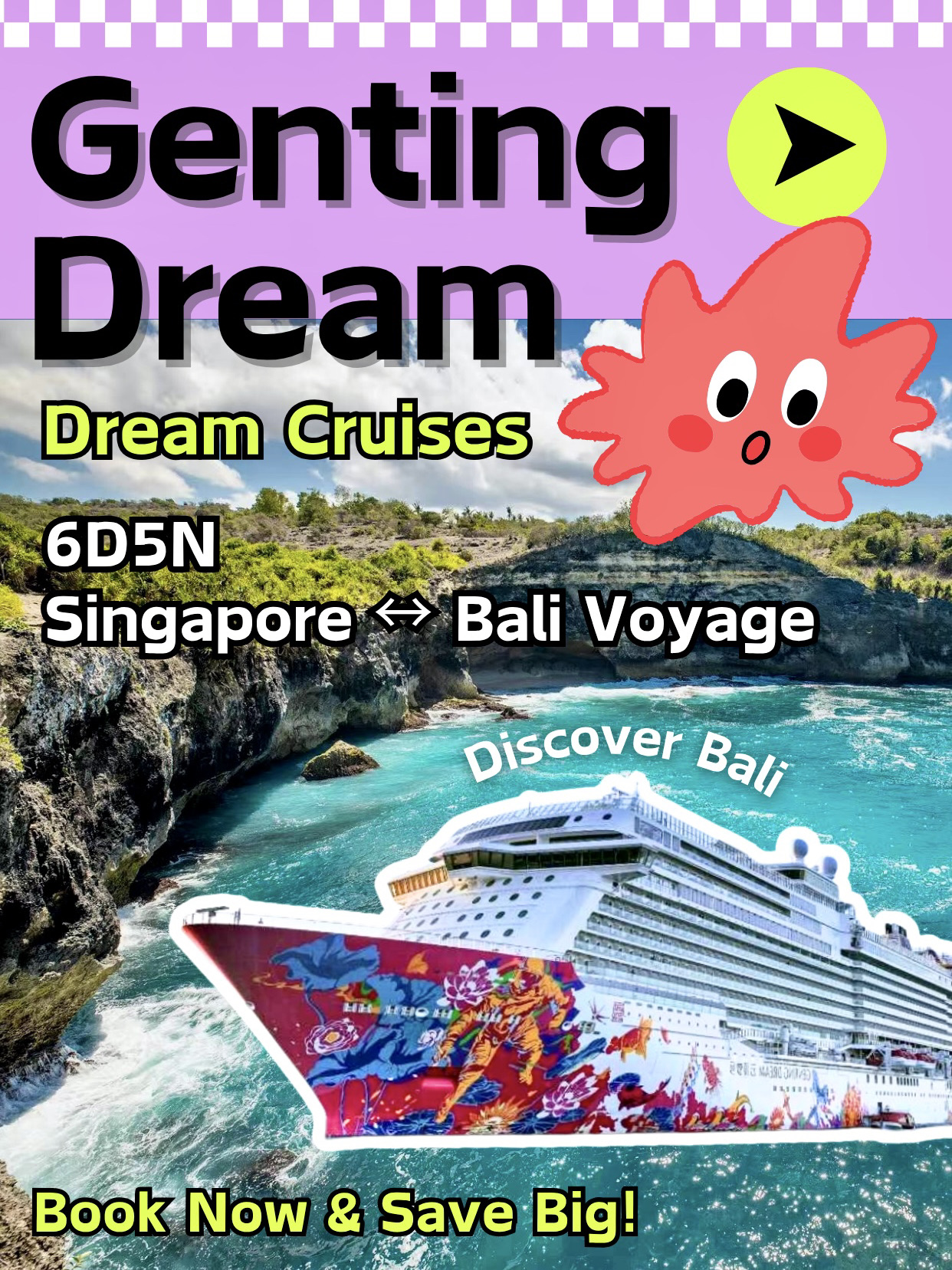Kesempatan sekali setahun Anda telah tiba!
Naiklah Genting Dream untuk pelayaran 6 hari 5 malam yang tak terlupakan dari Singapura ke Bali, temukan keindahan alam selatan dan permata tersembunyi di utara surga tropis ini. 🚢

📅 Keberangkatan: Minggu, 30 November 2025
Rute: Singapura → Liburan di Laut → Bali Selatan → Bali Utara → Liburan di Laut → Singapura

☀️ Bali Selatan · Sorotan Wajib Dikunjungi
• Pantai Jimbaran: Salah satu dari sepuluh tempat terbaik di dunia untuk menikmati matahari terbenam 🌅 dengan BBQ romantis di tepi pantai.
• Pura Tanah Lot: Saksikan pura yang menjulang dari laut mengikuti irama pasang surut. ⛩️
• Tebing Uluwatu: Pemandangan laut yang menakjubkan dan tarian Kecak yang dramatis saat matahari terbenam. 🌊

🌿 Bali Utara · Hidden Escapes
• Bali Swing & Sawah Berteras: Lebih sedikit keramaian, pemandangan lebih hijau, dan momen sempurna untuk berfoto. 📸
• Air Terjun Sekumpul: Air terjun yang menakjubkan di tengah hutan hujan tropis — menyegarkan dan damai. 💦
• Danau Bratan: Pura terapung Ulun Danu yang seindah kartu pos — tenteram dan indah. 🏞️

‼️ Hanya Satu Pelayaran — Kabin Terbatas!
Rasakan Bali Selatan & Utara dalam satu perjalanan yang luar biasa!

🎁 Penawaran Pelayaran Spesial‼️
Pesan sebelum 30 November 2025 untuk menikmati diskon eksklusif — termasuk tiket pelayaran GRATIS untuk tamu ke-3 & ke-4 dan penawaran menarik lainnya!

Jangan sampai ketinggalan — waktu terbatas, tempat terbatas!
👉 Lihat halaman acara untuk detail selengkapnya.

#GentingDream #BaliCruise #DreamCruises #ExploreBali #LuxuryAtSea #CruiseVacation #SingaporeCruise #Bali #CruiseLife #AsiaCruise #tripcomcruise #travel