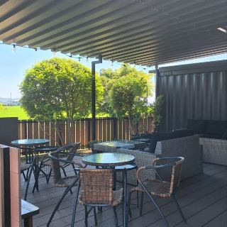 Taking a break at a container cafe.