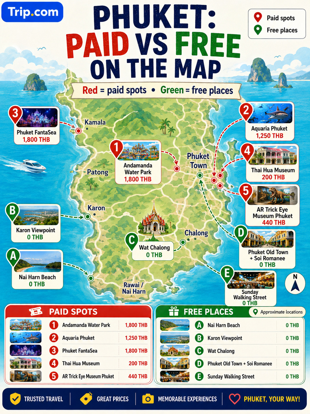 Phuket can be expensive if you only follow the famous paid attractions, but the island also has many beautiful places you can enjoy for free.
Of course, places like Andamanda Water Park, Aquaria Phuket, Phuket FantaSea, Thai Hua Museum, and AR Trick Eye Museum can be fun, especially if you want shows, museums, or family activities. But if you are traveling on a budget, you can still enjoy Phuket without spending much.
For a beach day, go to Nai Harn Beach — clear water, soft sand, and a relaxed atmosphere. For views, stop at Karon Viewpoint and see several beaches from above. For culture, visit Wat Chalong or walk around Phuket Old Town and Soi Romanee with colorful Sino-Portuguese buildings. In the evening, Sunday Walking Street is perfect for local energy, photos, and people-watching.
My rule: in Phuket, you don’t always need tickets. Sometimes the best views, streets, temples, and sunsets are completely free.