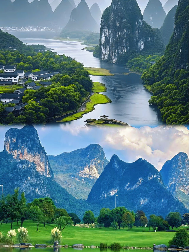 廣西桂林暮色山水間的詩意畫卷