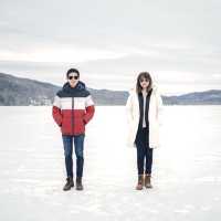 Walking on the frozen surface of Lake Morey