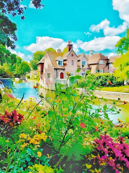 カンタベリーの橋からの風景アンティーク水彩