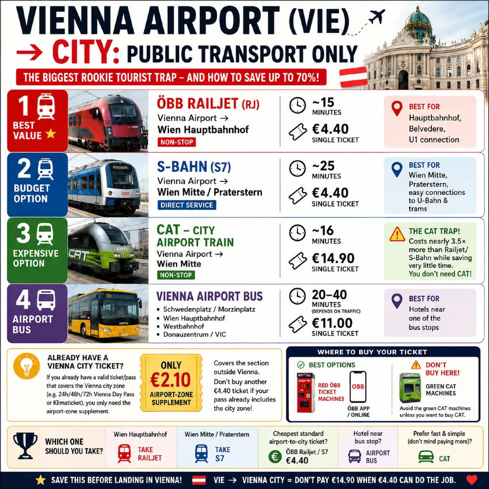 🇦🇹 ウィーン空港から市内中心部への行き方 ― 観光客向けのぼったくり店は一切なし!🚆🚌