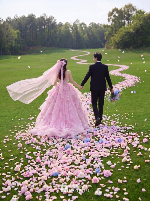 ウェディング  フォトブース  スプリングフラワー 一歩一歩花が咲く森系の芝生でのウェディングフォト、それが私が