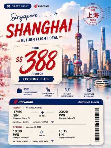🇸🇬✈️🇨🇳 Singapore → Shanghai from S$388 RETURN!

Planning a year-end China trip? This Air China fare caught my eye — especially since it’s direct and includes checked baggage 👀

📍 Singapore (SIN) ⇄ Shanghai (PVG)
✈️ Air China | Direct
💰 From S$388/person return
🧳 23kg checked + 5kg carry-on
🛫 Airbus A350 XWB
📅 30 Dec 2026 – 11 Jan 2027
⏱️ Around 5h 30m each way

Why I like it:
✅ Full-service airline
✅ Baggage already included
✅ Direct both ways
✅ A350 aircraft
✅ Covers the New Year period 🎆

Things to note:

⚠️ Prices can change anytime and depend on availability

For S$388 return with 23kg baggage, this is one I’d definitely compare before booking a year-end Shanghai trip. ✨

 #shanghaitravel #shanghai #shanghaitravel #cheapflightdeals 