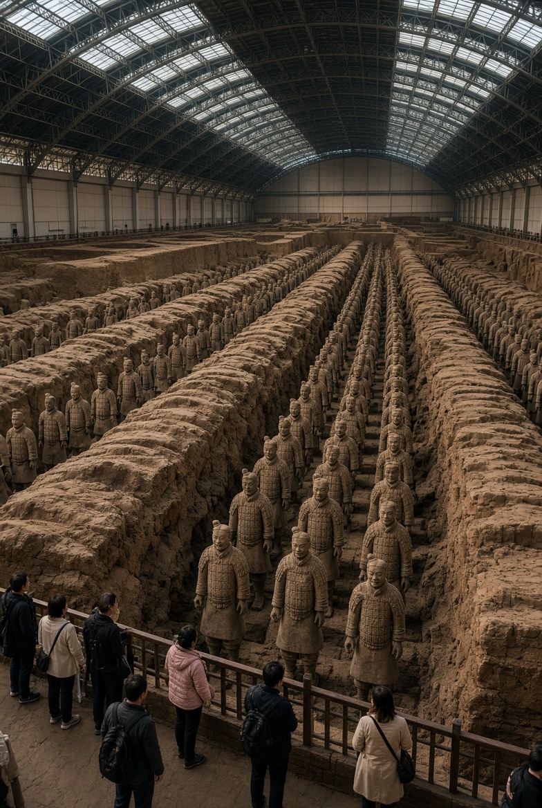 Imagine: you walk into a massive pavilion and see thousands of soldiers who have been standing in battle formation for over 2,000 years.

The most fascinating part—every single one of them is unique.

📍 Where is it?
The Terracotta Army is located in Lintong, about 40 km from downtown Xi’an. It was discovered by chance in 1974 when local villagers were digging a well.

🏺 It’s an entire underground army: infantry, officers, archers, cavalry, horses, and chariots. In total, there are nearly 8,000 life-sized figures.

😮 Start with Pit No. 1.
It’s the largest—about 230 meters long and 62 meters wide. This is where you’ll find that iconic, breathtaking view of endless rows of soldiers.

🔎 Then, be sure to check out Pits No. 2 and No. 3. They are smaller, but they allow you to see different types of troops and understand how the army was organized.

⏱️ It’s best to set aside a few hours for your visit. Free shuttles run between the main sites.

🎟️ Important note: It’s best to book tickets in advance. Entry is via registration and specific time slots, and foreign tourists will need their passport details for booking.

📸 My main advice: Don’t start taking photos immediately.

First, just stop and take in the pit as a whole. In photos, you see individual figures, but in person, you’re looking at a vast army stretching into the distance.

Then, start looking at the details: the faces, hairstyles, armor, and poses.

That’s when the real question hits you:

How were people able to create all this more than two thousand years ago?

If you’re in Xi’an, the Terracotta Army is absolutely worth seeing with your own eyes.

👉 Would you like to visit this place, or does this kind of attraction not really impress you?