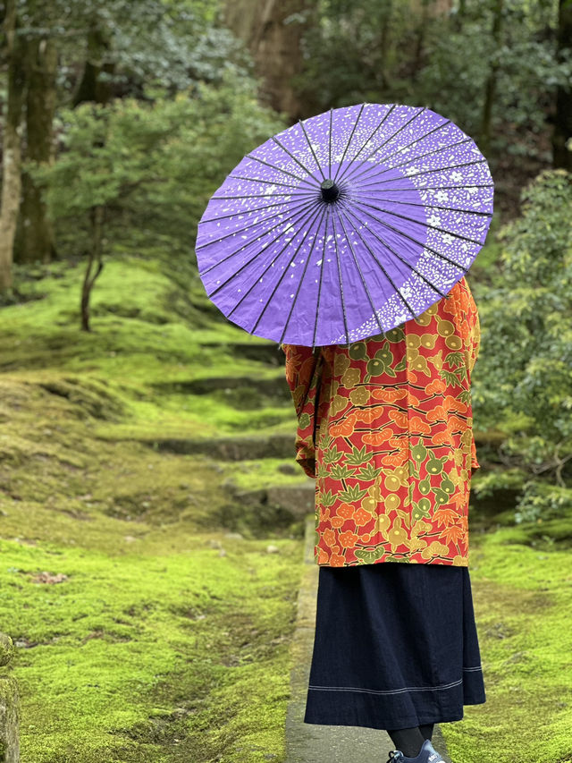 【石川×那谷寺】緑の苔に覆われた境内  羽織、番傘レンタルが無料