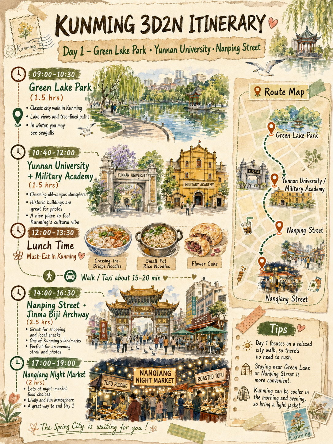 Planning a short trip to Kunming? Here’s a relaxed 3D2N itinerary that gives you a little bit of everything - city walks, iconic scenery, local food, flowers, lake views and Yunnan culture 🌿

Day 1: Easy city walk
Start slow around Green Lake Park, then explore Yunnan University + Military Academy for old-campus charm. End the day at Nanping Street, Jinma Biji Archway & Nanqiang Night Market for snacks and atmosphere ✨

Day 2: Nature + flowers + hotpot
Visit the famous Stone Forest in the morning, then head to Dounan Flower Market for Kunming’s “Spring City” feel. Dinner must be wild mushroom hotpot 🍄

Day 3: Lake views + culture
Spend your final day around Dianchi Lake, Western Hills and Yunnan Ethnic Village, then grab flower cakes / Yunnan coffee before leaving ☕🌸

Must eat: crossing-the-bridge noodles, small pot rice noodles, flower cake, grilled Rushan cheese, fried potato and mushroom hotpot 🍜

 #kunming #kunmingtravel #kunmingeats #yunnan #yunnanguide #yunnantravel 