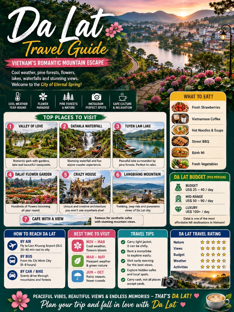 #overratedspots 
🌸🇻🇳 Da Lat Travel Guide — Vietnam’s Romantic Mountain Escape 🌄

Looking for a place with cool weather, pine forests, waterfalls and dreamy views?
Welcome to Da Lat, one of Vietnam’s most charming hill stations! 💚✨

Known as the “City of Eternal Spring”, Da Lat is perfect for couples, nature lovers and anyone wanting a peaceful escape.

· --

🌿 Why Visit Da Lat?

🌸 Cool & pleasant weather year-round
🌲 Pine forests & mountain scenery
🌊 Beautiful waterfalls
🌼 Flower gardens everywhere
🚤 Lakes & romantic viewpoints
☕ Unique cafes with stunning views
📸 Instagram-perfect spots

· --

📍 Top Places to Visit

🌸 1. Valley of Love

A romantic park with gardens, lakes and photo spots—perfect for couples. 💑

🌊 2. Datanla Waterfall

Enjoy the waterfall or try the alpine coaster ride for fun and adventure! 🎢

🌲 3. Tuyen Lam Lake

Peaceful lake surrounded by pine forests—great for relaxing or boating. 🚤

🌼 4. Dalat Flower Garden

A colorful paradise with hundreds of flowers blooming all year. 🌺🌷

🏰 5. Crazy House

One of the most unique buildings in the world with surreal architecture. 😍

🌄 6. Langbiang Mountain

Perfect for trekking and panoramic views of Da Lat. 🥾

☕ 7. Cafe Culture

Da Lat is famous for aesthetic cafes with mountain views—don’t miss it! 📸

· --

🍓 What to Eat in Da Lat?

🍓 Fresh strawberries
☕ Vietnamese coffee
🍜 Hot noodles & soups
🍢 Street BBQ
🥖 Bánh mì
🥬 Fresh vegetables (super fresh here!)

· --

💰 Da Lat Budget (Per Person)

🎒 Budget: US$25–40/day
🏨 Mid-range: US$50–90/day
💎 Luxury: US$100+

💡 Da Lat is one of the most affordable hill destinations in Vietnam.

· --

✈️ How to Reach Da Lat

✈️ By Air:
Fly to Lien Khuong Airport (DLI)
Then taxi (~30–40 min) to city

🚌 By Bus:
From Ho Chi Minh City (6–8 hours)

🚗 By Private Car/Bike:
Scenic but long journey through mountains

· --

📅 Best Time to Visit

🌸 November–March: Cool weather, flowers bloom
🌼 March–May: Pleasant and green
🌧️ June–October: Rainy but fewer crowds

· --

💡 Travel Tips

🧥 Carry light jacket (can be chilly)
🛵 Rent bike for easy travel
📸 Visit early morning for best photos
☕ Explore hidden cafes
💵 Carry some cash

· --

⭐ Da Lat Travel Rating

🌸 Nature: ⭐⭐⭐⭐⭐
📸 Views: ⭐⭐⭐⭐⭐
💰 Budget: ⭐⭐⭐⭐⭐
🌡️ Weather: ⭐⭐⭐⭐½
🎢 Activities: ⭐⭐⭐⭐

Da Lat is a perfect mix of romance, nature and relaxation.
Whether you want peaceful lakes, adventure or cute cafes, this place has everything! 🌄✨

👉 Perfect for: Couples 💑 | Friends 👯 | Solo travelers 🎒

Would you choose 🌸 Da Lat or 🏔️ Sapa for your next trip? 👇

#DaLat  #VietnamTravel  #DaLatVietnam  #TravelGuide  #MountainTravel  #NatureLovers  #BudgetTravel  #AsiaTravel  #Travel2026  #ExploreVietnam 