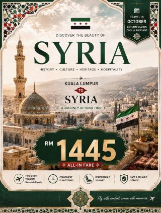🇸🇾 SYRIA TRAVEL DEAL — ONE WAY FROM RM1,445! ✈️
💰 ONE WAY FROM RM1,445
📍 Kuala Lumpur → Syria
🛫 Short Transit via Bahrain & Riyadh
📅 Travel in October 🍂
Ready for a journey into the heart of the Levant? This October, discover Syria — a destination filled with thousands of years of history, stunning Islamic architecture, ancient cities, traditional souqs and unforgettable landscapes.
Explore the historic streets of Damascus, see the famous waterwheels of Hama, discover the heritage of Homs, and experience the magnificent Citadel of Aleppo.
🏛️ Damascus — Historic Old City, traditional souqs, mosques and beautiful Levantine architecture.
🌊 Hama — Famous for its enormous historic Norias along the Orontes River.
🏺 Homs — Discover its rich history, local culture and heritage.
🏰 Aleppo — Explore the legendary Citadel and the historic heart of this ancient Silk Road city.
🏰 Krak des Chevaliers — One of the most impressive medieval castles in the region.
🏜️ Palmyra — Discover the remains of one of Syria's most famous ancient cities.
🍂 Why October?
Cooler autumn temperatures make it a more comfortable season for exploring historic cities, archaeological sites and outdoor attractions.
This isn't just another holiday — it's a journey through history, culture, architecture and the timeless beauty of the Levant. 🇸🇾
💰 ONE WAY FROM RM1,445
✈️ KUL → Bahrain → Riyadh → Syria
⏱️ Short Transit
📅 October Travel
Discover Syria. Experience history. Explore the Levant. 🇸🇾✨
#syria #cheapflightdeals #middleeasttravel #travel2026 #travel #levant #thingstodo 