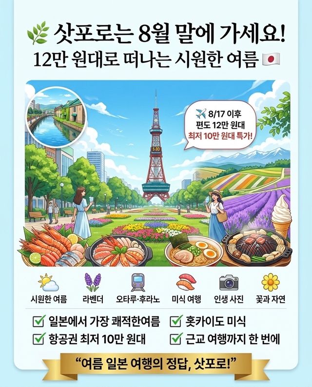 8월 말부터 삿포로 항공권이 확 내려갑니다! 8월 말부터 삿포로 항공권이 확 내려갑니다!