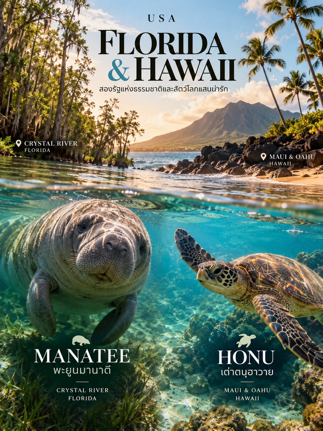 🇺🇸🏝️ สหรัฐอเมริกา - ฟลอริดา & ฮาวาย (USA) สองรัฐเปี่ยมเสน่ห์ที่ไม่ได้มีดีแค่ทะเลสวยและสวนสนุกระดับโลก แต่ยังมีเจ้าบ้านสี่ขาและเจ้าตัวกลมอ้วนกลมสายชิว ที่พร้อมจะมอบความประทับใจให้คุณแบบไม่รู้ลืม! 🌊🐢
ถ้าคุณอยากสัมผัสความน่ารักของสัตว์โลกอย่างใกล้ชิดและอบอุ่น พิกัดเหล่านี้คือ ‘ต้องไปเยือน’ สักครั้งในชีวิต! 👇
1. พะยูนมานาตี (Manatee) 🦭🌊 — วัวทะเลใจดีแห่งฟลอริดา
 · ความน่ารัก: เจ้าพะยูนหางกลม ตัวกลมปุ๊ก หน้าตาซื่อๆ ไร้เดียงสา ที่ได้ฉายาว่า "วัวทะเล" (Sea Cow) ด้วยความที่กินพืชเป็นอาหารและใช้เวลาส่วนใหญ่ไปกับการเคี้ยวหญ้าทะเลและลอยตัวอุ้ยอ้ายอย่างเชื่องช้า พวกมันไม่มีพฤติกรรมดุร้าย และมีนิสัยเป็นมิตรจนน่าเอ็นดูเป็นที่สุด! 🥺
 · พิกัดแนะนำ: แม่น้ำคริสตัล (Crystal River) รัฐฟลอริดา 📍 แหล่งอพยพตามธรรมชาติที่อุ่นสบายของมานาตีนับร้อยตัวในช่วงหน้าหนาว (พฤศจิกายน - มีนาคม) ที่นี่คุณสามารถนั่งเรือทัวร์เพื่อไปดำน้ำตื้น (Snorkeling) สบตากับน้องๆ ในน้ำใสราวกระจกได้อย่างใกล้ชิด 🛶💦
2. เต่าตนุฮาวาย (Honu) 🐢🌴 — ทูตสันถวไมตรีแห่งเกาะสวรรค์
 · ความน่ารัก: คนฮาวายเรียกเต่าทะเลชนิดนี้ว่า "โฮนุ" (Honu) ซึ่งเป็นสัญลักษณ์ของความโชคดีและอายุยืนยาว ความน่ารักของน้องคือการที่ชอบขึ้นมานอนพักผ่อน ยืดขาสบายอารมณ์บนหาดทรายอุ่นๆ เคียงข้างเกลียวคลื่น บางครั้งก็ว่ายน้ำเล่นโชว์ตัวในแนวปะการังตื้นๆ ให้เราได้เห็นอย่างชัดเจน 🏝️✨
 · พิกัดแนะนำ: เกาะเมาอิ (Maui) และเกาะโออาฮู (Oahu) ฮาวาย 📍 โดยเฉพาะหาด Ho'okipa Beach บนเกาะเมาอิ หรือหาด Laniakea บนเกาะโออาฮู ที่มักจะมีน้องๆ ขึ้นมานอนเรียงรายอาบแดดยามบ่าย ☀️🏖️
🗺️ Tips สำหรับการเดินทาง:
 · ชมมานาตีที่ Crystal River: การชมมานาตีต้องทำอย่างสงบ ห้ามแตะต้อง จับต้อง ไล่ล่า หรือรบกวนพวกมันโดยเด็ดขาด 🚫🦭 ปล่อยให้น้องว่ายเข้ามาหาเองในน้ำแบบธรรมชาติจะดีที่สุด
 · ชมเต่าโฮนุที่ฮาวาย: กฎหมายที่นี่เข้มงวดมาก! ต้องรักษาระยะห่างจากเต่าทะเลอย่างน้อย 10 ฟุต (ประมาณ 3 เมตร) 🚫🐢 เพื่อไม่เป็นการรบกวนเวลาพักผ่อนของน้องๆ และเพื่อความปลอดภัยของสัตว์ป่า
#เที่ยวอเมริกา #มานาตี #CrystalRiver #เต่าตนุฮาวาย #Honu #Maui #FloridaTravel #HawaiiTravel #เที่ยวต่างประเทศ #NatureLovers
