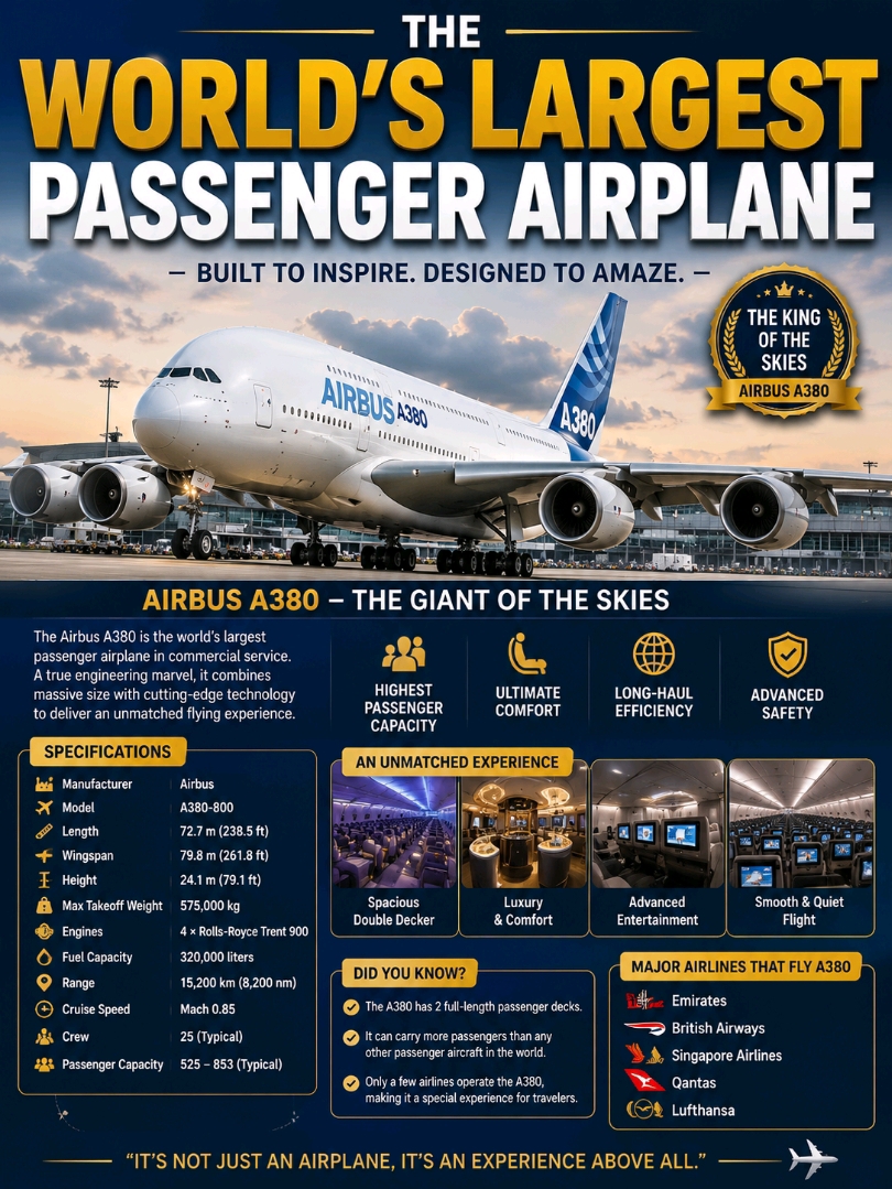 ✈️ Airbus A380 – The World's Largest Passenger Airplane

The Airbus A380 is the world's largest commercial passenger aircraft ever built. With its iconic double-deck design, four powerful engines, and unmatched passenger capacity, the A380 has transformed long-haul air travel since entering service in 2007.

Designed by Airbus to carry more people with exceptional comfort, the A380 remains one of the most impressive engineering achievements in aviation history.

📊 Airbus A380 Specifications

Manufacturer: Airbus
Model: A380-800
Aircraft Type: Wide-body, Double-Deck Passenger Jet
First Flight: 27 April 2005
Entered Service: 2007

📏 Dimensions

· Length: 72.7 m (238.5 ft)
· Wingspan: 79.8 m (261.8 ft)
· Height: 24.1 m (79 ft)

⚙️ Performance

· Engines: 4 × Rolls-Royce Trent 900 or Engine Alliance GP7200
· Maximum Takeoff Weight: 575,000 kg
· Cruising Speed: 900 km/h (Mach 0.85)
· Maximum Range: Up to 15,200 km (9,445 miles)

👥 Passenger Capacity

· Typical 3-Class Layout: Around 555 passengers
· Maximum Certified Capacity: Up to 853 passengers

🌟 Why the Airbus A380 Is Special

✅ World's largest passenger aircraft
✅ Full-length double-deck cabin
✅ Spacious cabins with wider seats and aisles
✅ Larger overhead storage compartments
✅ Quieter cabin for a more relaxing flight
✅ Advanced aerodynamics and fly-by-wire technology
✅ Designed for ultra-long-haul international routes

🛫 Airlines Operating the Airbus A380

Some of the world's leading airlines still operate the Airbus A380, including:

· Emirates
· Singapore Airlines
· British Airways
· Qantas
· Lufthansa
· Qatar Airways
· Korean Air
· Asiana Airlines
· Etihad Airways
· All Nippon Airways (ANA)

💡 Interesting Facts

· The Airbus A380 has two full passenger decks extending the entire length of the aircraft.
· It can carry over 500 passengers comfortably in a standard configuration.
· The aircraft features one of the quietest cabins in commercial aviation.
· Some airlines offer onboard showers, private suites, lounges, and bars on the A380.
· Despite production ending in 2021, the A380 continues to serve many of the world's busiest international routes.

🌍 Did You Know?

The Airbus A380 is so large that many airports had to upgrade taxiways, boarding bridges, and gates to accommodate the aircraft.

Would you like to fly on the Airbus A380? Tell us your dream destination in the comments!

#AirbusA380  #LargestAirplane  #Aviation  #Aircraft  #AirTravel  #Emirates  #SingaporeAirlines  #Travel  #travel2026  #WorldLargestAircraft 
