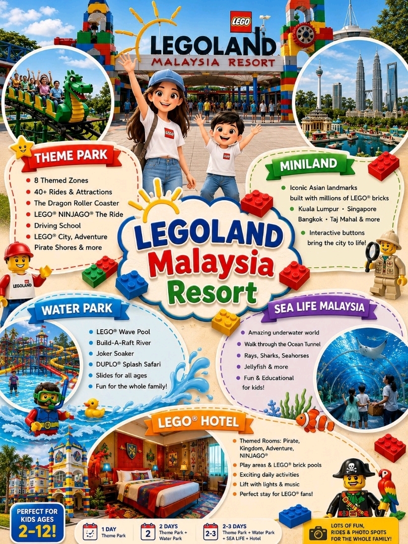 Khám phá Vương quốc LEGO của Malaysia!

LEGOLAND Malaysia Resort là một trong những điểm đến có giá trị tốt nhất, kết hợp công viên giải trí, công viên nước, thủy cung Sea Life và khách sạn LEGO tất cả trong cùng một địa điểm. Phù hợp cho trẻ em từ khoảng 2-12 tuổi, và có hơn 40 trò chơi, bao gồm công viên nước với hơn 20 đường trượt và khu vui chơi dưới nước.

· 🎢 Công viên giải trí
· Chia thành 8 khu vực theo chủ đề LEGO
· Các trò chơi dành cho trẻ em và gia đình
· Tàu lượn siêu tốc Rồng
· Trò chơi LEGO NINJAGO
· Trường dạy lái xe, nơi trẻ em có thể lái xe và nhận bằng lái xe LEGO
· Vương quốc LEGO, Bờ biển Cướp biển, Phiêu lưu, Thành phố LEGO và nhiều khu vực khác
· 🏙️ MINILAND
· Những điểm nổi bật không thể bỏ lỡ
· Các thành phố châu Á được tái tạo từ hàng triệu viên gạch LEGO, chẳng hạn như:

· Kuala Lumpur
· Singapore
· Bangkok
· Taj Mahal
· Nhiều nút tương tác
· 💦 Công viên nước LEGOLAND
· Bể tạo sóng LEGO
· Sông Build-A-Raft: Xây dựng LEGO trên bè
· Joker Soaker
· DUPLO Splash Safari dành cho trẻ nhỏ
· Các đường trượt nhiều tầng Phù hợp cho cả trẻ em và người lớn. * 🐠 Thủy cung SEA LIFE Malaysia
· Thủy cung lớn
· Đường hầm dưới nước
· Cá đuối, cá mập, cá ngựa, sứa
· Khu vực học tập về động vật biển, lý tưởng cho trẻ em
· 🏨 Khách sạn LEGOLAND
· Phòng theo chủ đề LEGO như Cướp biển, Vương quốc, Phiêu lưu và Ninjago
· Khu vực xây dựng LEGO
· Thang máy có nhạc và đèn tạo thêm niềm vui
· Các hoạt động hàng ngày dành cho trẻ em
#Malaysia #DuLịchMalaysia