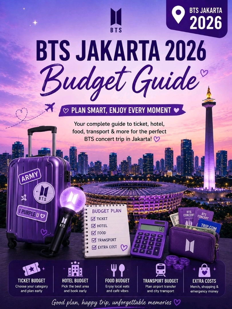 Rencana nonton konser BTS emang seru banget, tapi nyiapin budget itu nggak kalah penting dibanding dapet tiketnya. Buat BTS Jakarta 2026 nanti, ARMY nggak cuma perlu nabung buat tiket aja, tapi juga buat hotel, makan, transportasi, belanja, sampe dana darurat. Jakarta itu kota yang gede dan padat, jadi mendingan rencanain dari sekarang biar trip kamu makin lancar dan nggak bikin pusing.

Hal utama yang harus disiapin pastinya budget tiket 🎫. Harga tiket biasanya beda-beda tergantung kategori, posisi duduk, ketersediaan, dan biaya admin platform. Sebelum checkout, pastiin kamu cek lagi detailnya kayak tanggal, lokasi venue, aturan masuk, sama konfirmasi booking. Jangan lupa sisihin uang lebih buat biaya layanan, pajak, atau biaya admin pembayaran ya.

Lanjut ke budget hotel 🏨✨. Harga hotel dipengaruhi sama lokasi, tipe kamar, bintang hotel, dan seberapa awal kamu booking. Buat ARMY yang mau nonton konser, area kayak Senayan, Sudirman, Thamrin, dan Blok M bisa jadi pilihan buat dibandingin sesuai sama gaya traveling kamu.

Buat yang mau hemat, kamu bisa cari hotel di sekitar Blok M atau area tengah kota lainnya. Beberapa pilihan yang oke buat dibandingin ada Liberta Hub Blok M Jakarta, SOTIS Hotel Falatehan Blok M, Amaris Hotel Panglima Polim, dan 1O1 URBAN Jakarta Thamrin. Hotel-hotel ini cocok banget buat ARMY yang mau sisa budgetnya dipake buat jajan merchandise atau belanja.

Kalau mau yang lebih nyaman tapi tetep masuk akal harganya (mid-range), area Sudirman dan kawasan bisnis sekitarnya bisa jadi pilihan. Coba cek Somerset Sudirman Jakarta, Citadines Sudirman Jakarta, Mercure Jakarta Gatot Subroto, atau Citadines Gatot Subroto Jakarta. Hotel-hotel ini pas banget buat yang mau fasilitas oke dan akses gampang ke mana-mana.

Buat yang mau staycation mewah (premium), kamu bisa bandingin hotel di sekitar Senayan, Thamrin, dan pusat perbelanjaan. Pilihannya ada Fairmont Jakarta, ARTOTEL Gelora Senayan, The Langham Jakarta, Grand Hyatt Jakarta, Mandarin Oriental Jakarta, Pullman Jakarta Indonesia, Keraton at The Plaza, dan AYANA Midplaza Jakarta. Pilihan ini cocok banget kalau kamu pengen bener-berner istirahat dan dimanjain fasilitas lengkap sebelum atau sesudah konser.

Urusan perut juga penting nih 🍜. Jakarta punya banyak pilihan, dari makanan lokal, food court di mall, sampe kafe dan resto hits. Kalau mau hemat, makan di warung lokal atau food court bisa jadi solusi. Tapi kalau mau suasana liburan yang lebih santai, masukin beberapa kafe atau resto ke daftar kunjungan kamu juga seru kok.

Jangan lupain budget transportasi 🚕. Kamu bakal butuh buat jemputan bandara, ojek/taksi online, MRT, TransJakarta, sampe transportasi pas hari-H konser. Pas hari konser, jalanan pasti macet dan rame banget, jadi mending berangkat lebih awal dan pilih hotel yang akses transportasinya gampang. Nginep deket jalan utama, stasiun MRT, atau titik jemput yang jelas bakal ngebantu banget.

Sisihin juga buat pengeluaran tak terduga 💜✨. Ini termasuk buat beli merchandise, outfit konser, aksesoris light stick, SIM card/eSIM, power bank, oleh-oleh, bagasi tambahan, asuransi perjalanan, sampe uang darurat. Jangan sampe uang kamu abis cuma buat tiket aja, karena hotel dan transportasi itu kunci biar trip konser kamu nyaman.

Tips pribadi dari aku, bagi budget kamu jadi lima bagian: tiket, hotel, makan, transportasi, dan dana darurat. Cara ini bakal bikin kamu lebih gampang kontrol pengeluaran dan nggak panik mendadak. Kalau kamu dari luar negeri, jangan lupa siapin juga budget buat tiket pesawat, paspor/visa kalau perlu, transport bandara, sama tuker uang.

Intinya, BTS Jakarta 2026 bisa dinikmati dengan berbagai gaya. Pilih hotel budget kalau mau hemat, hotel menengah kalau mau nyaman, atau hotel premium kalau mau pengalaman yang lebih maksimal. Perencanaan budget yang mateng bikin kamu bisa nikmatin konser, jalan-jalan di Jakarta, dan bikin kenangan bareng ARMY dengan lebih tenang 💜✨