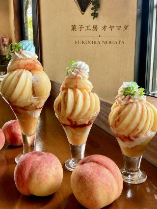 🌿‬

直方市にある
『菓子工房 オヤマダ 直方店』 さんへ 🍰

桃パフェのLサイズが
今日 7/4 からstart するよ 😊🍑  ̖́-

手前に置いた桃が大きすぎ🫢
…パフェの大きさが伝わるかなぁ🥺

九州産の桃をふんだんに使った
大人気パフェ🍑✨

使用する桃の品種はどんどん変わるよ🙌

· 𝐦𝐞𝐧𝐮-
◾︎いちごスイーツたち🍓
· 桃パフェ(S)   2,090円
· 桃パフェ(M)  2,970円
· 桃パフェ(L)   3,520円

こちらのパフェが秀逸なの(◍˃ ᵕ ˂◍)︎💕︎

桃は甘々ジューシー🫢✨

アイスも美味しいし
中に入っているスポンジも
ケーキ屋さんのスポンジだから
間違いなしで美味しいよ🤤

パフェだけじゃないよ❣️
桃🍑好きにはたまらない
ラインナップも🫢︎💕︎

ここ何度も通ってて激推し🫢✨

イートインは13時から🙋♀️

⚠️予約は絶対にしてね!
いちごパフェも大人気だったけど
桃パフェも大人気なので
確実に食べたかったら予約するべし🙌

ホットペッパーからも予約できるよ❣️

イートインの方は車は
第2駐車場に停めてね🚗³₃

🐾 2026.06📸

┈┈┈┈𖤣𖥧𖥣𖡡𖥧𖤣┈┈┈┈┈┈┈┈┈┈┈┈┈┈┈┈
 【菓子工房 オヤマダ 直方店】 
ꕤ住所 直方市頓野983-7
ꕤ電話 0949-28-8288
ꕤ営業時間 10:00~19:00
イートイン 13:00~17(LO 16:30)
ꕤ定休日 不定休
ꕤ駐車場 あり
┈┈┈┈┈┈┈┈┈┈┈┈𖤣𖥧𖥣𖡡𖥧𖤣┈┈┈┈┈┈┈┈ 
#菓子工房オヤマダ #直方カフェ #直方ケーキ屋